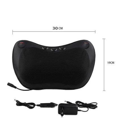 Oreiller de massage pour le dos – vue de face avec dimensions indiquées, boutons de contrôle en haut et texture en mesh noir