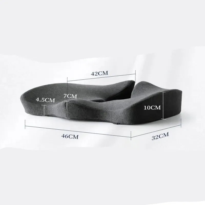 Oreiller Orthopédique pour Siège de Voiture ou de Bureau – vue générale avec dimensions indiquées, couleur gris et texture douce