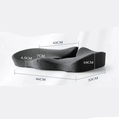 Oreiller Orthopédique pour Siège de Voiture ou de Bureau – vue générale avec dimensions indiquées, couleur gris et texture douce