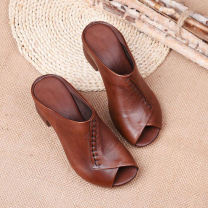 Mules à talons épais à couture à bout ouvert Confort Orthopédique